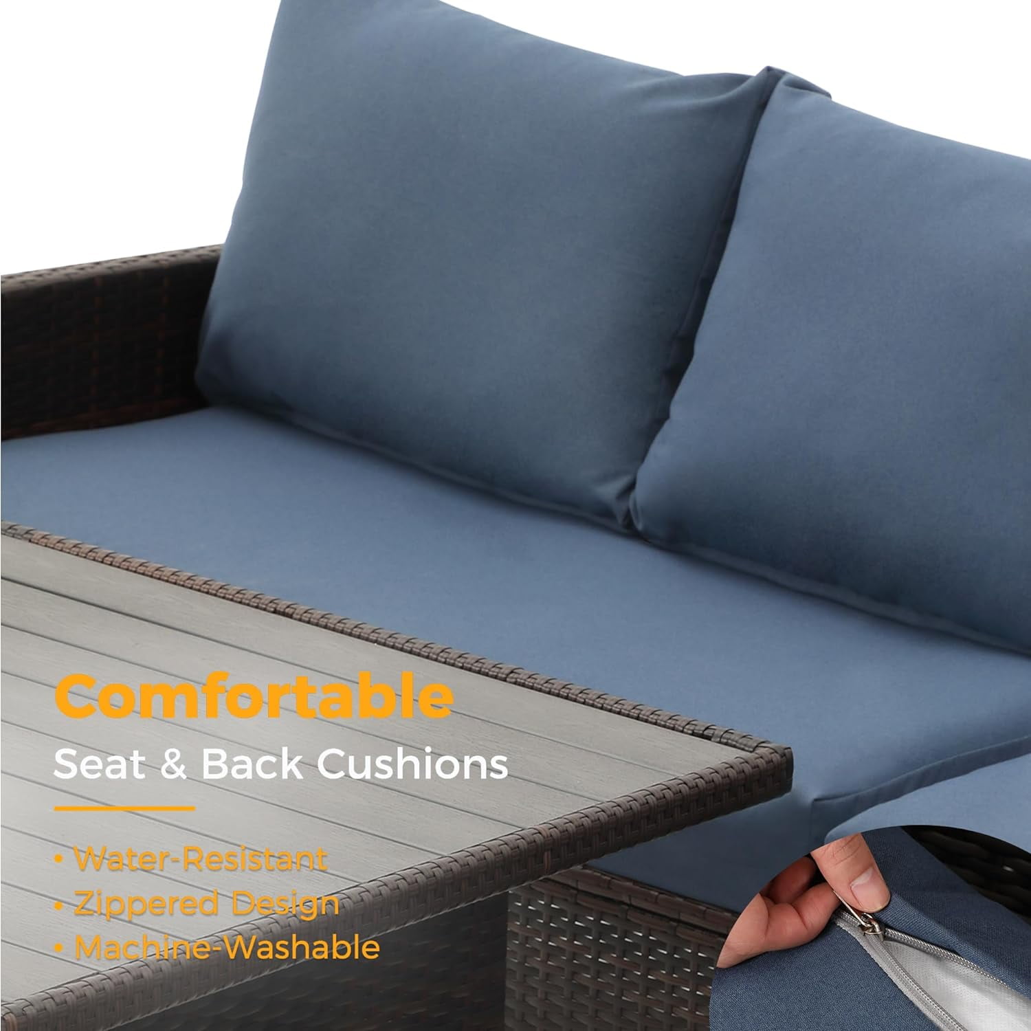 Superjoe Patio Furniture Conversation Set, 7 Piece High Curved Back All Weather Wicker Outdoor Dining Sectional Sofa with Dining Table and Chair, Blue
