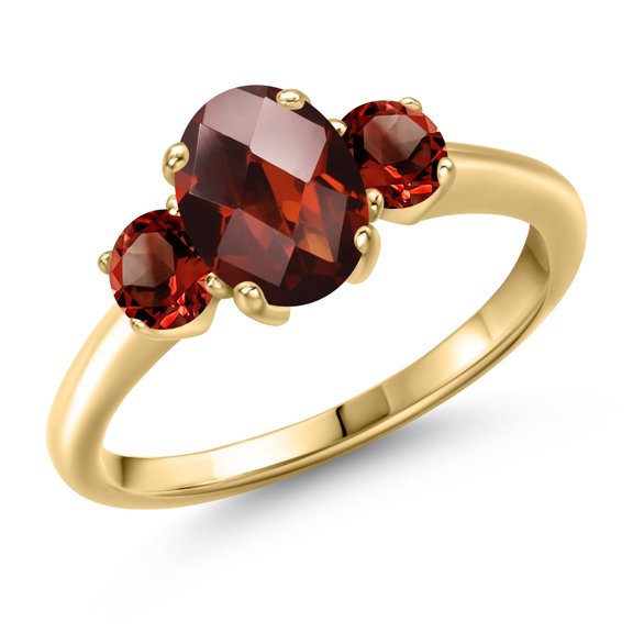 Gem Stone King 2.27 Ct Oval Checkerboard Red Garnet 18K Yellow Gold Plated Silver Ring