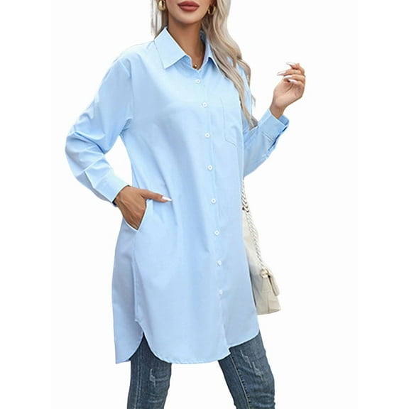 Women'S Casual Shirt Dress Collar V Neck Button Down Loose Long Sleeve Mini Dresses Blue S