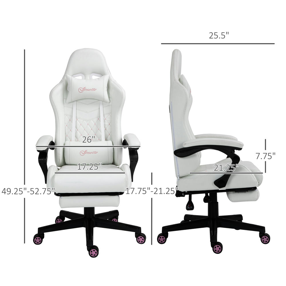 Demi Bonn PU Leather Gaming Chair with Retractable Foot Rest, Headrest, Lumbar Support and Armrest, Ergonomic Computer Chair for Home, White