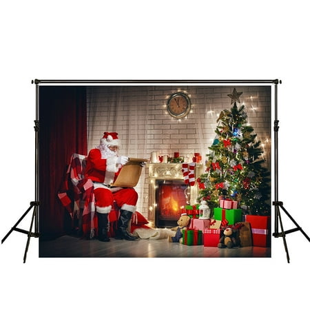 Image of HelloDecor Photo Backdrop 5x7ft Santa Claus Glitter Neon Christmas Tree Wood Floor Background for Holiday Party