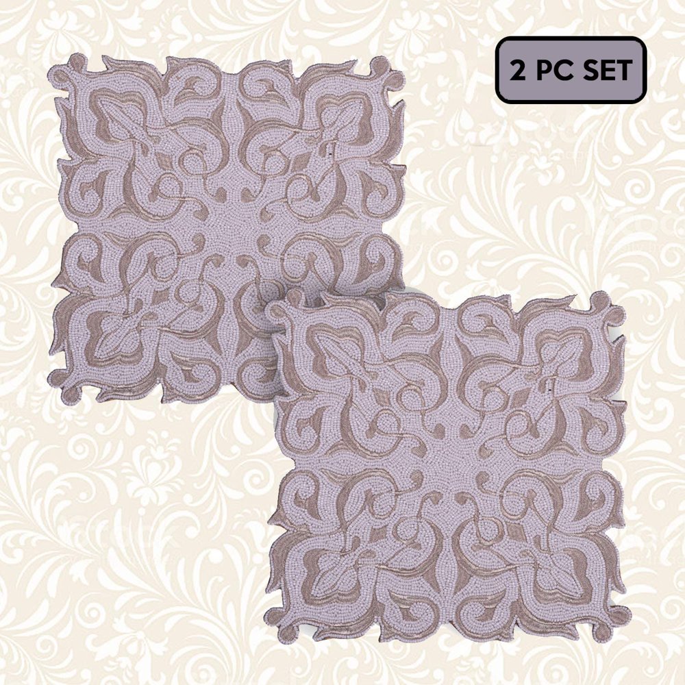 Decozen Embroidered Beaded Lurex Placemat 14" Square Set of 2 Handmade