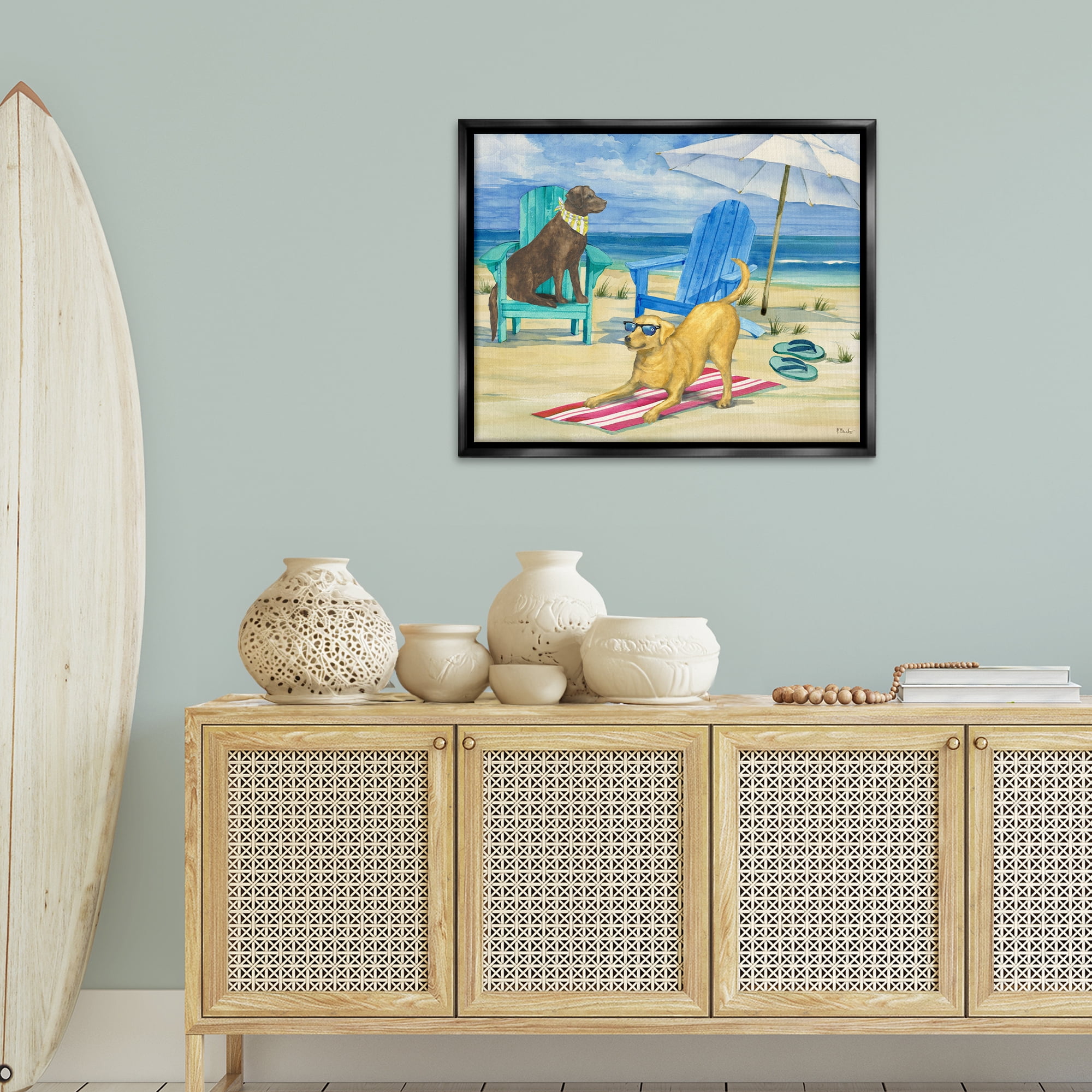 Stupell Industries Dogs on Beach Towel Animals & Insects Painting Black Floater Framed Canvas Art Print Wall Art, 31 x 25