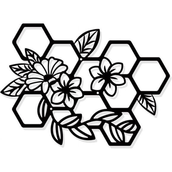Honeycomb with Floral Metal Wall Art Decor Black Wall Hanging Decor Silhouette Wall Art for Home Bedroom Living Room Bathroom Kitchen Office Garden Hotel Wall Decoration 8.46x11.8