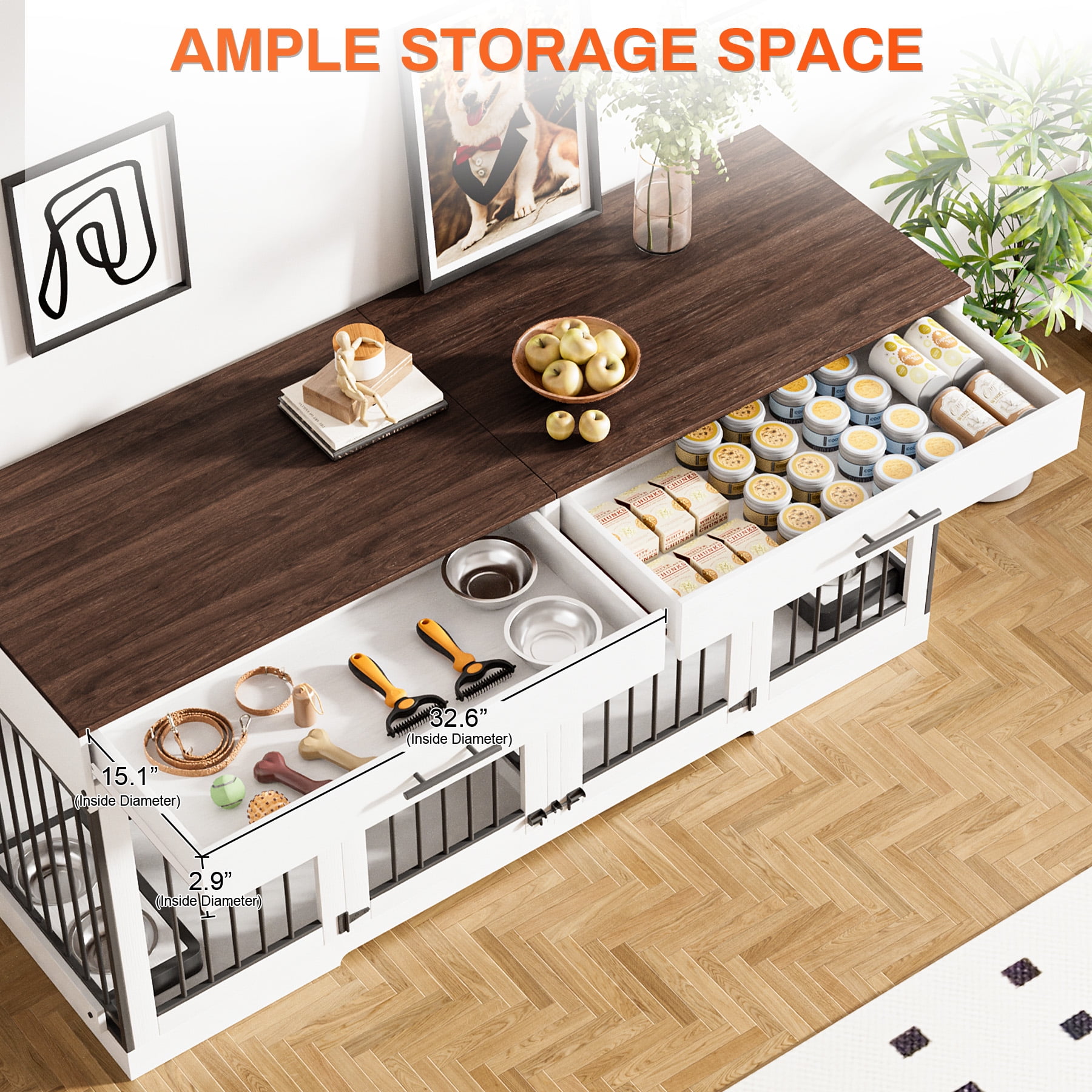 Rophefx 72" Dog Crate Furniture for 2 Dogs,Large Kennel with 2 Drawers and 4 Bowls,Wooden Heavy Duty Indoor Dog House,White