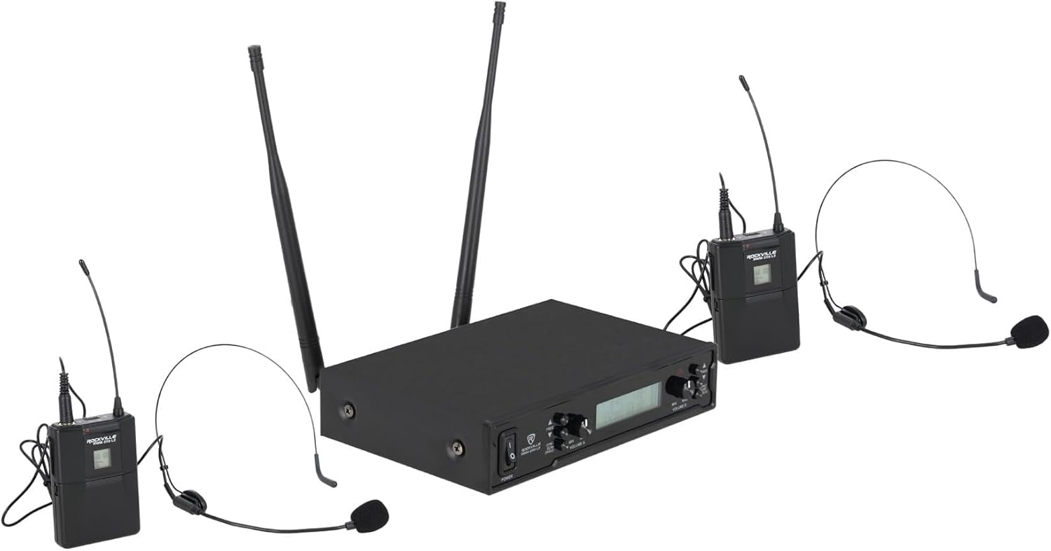Rockville RWM-200 L2 Dual UHF Beltpack Wireless Microphone System, Lavalier & Headset Mics, 200 Channels, 3 Band EQ, Echo