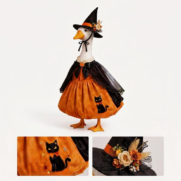 Halloween Witch Themed Dress And Hat Set For 19 To 23 Inch Porch Goose Statue Fall Yard Decor With Black Cat And Pumpkin Motifs