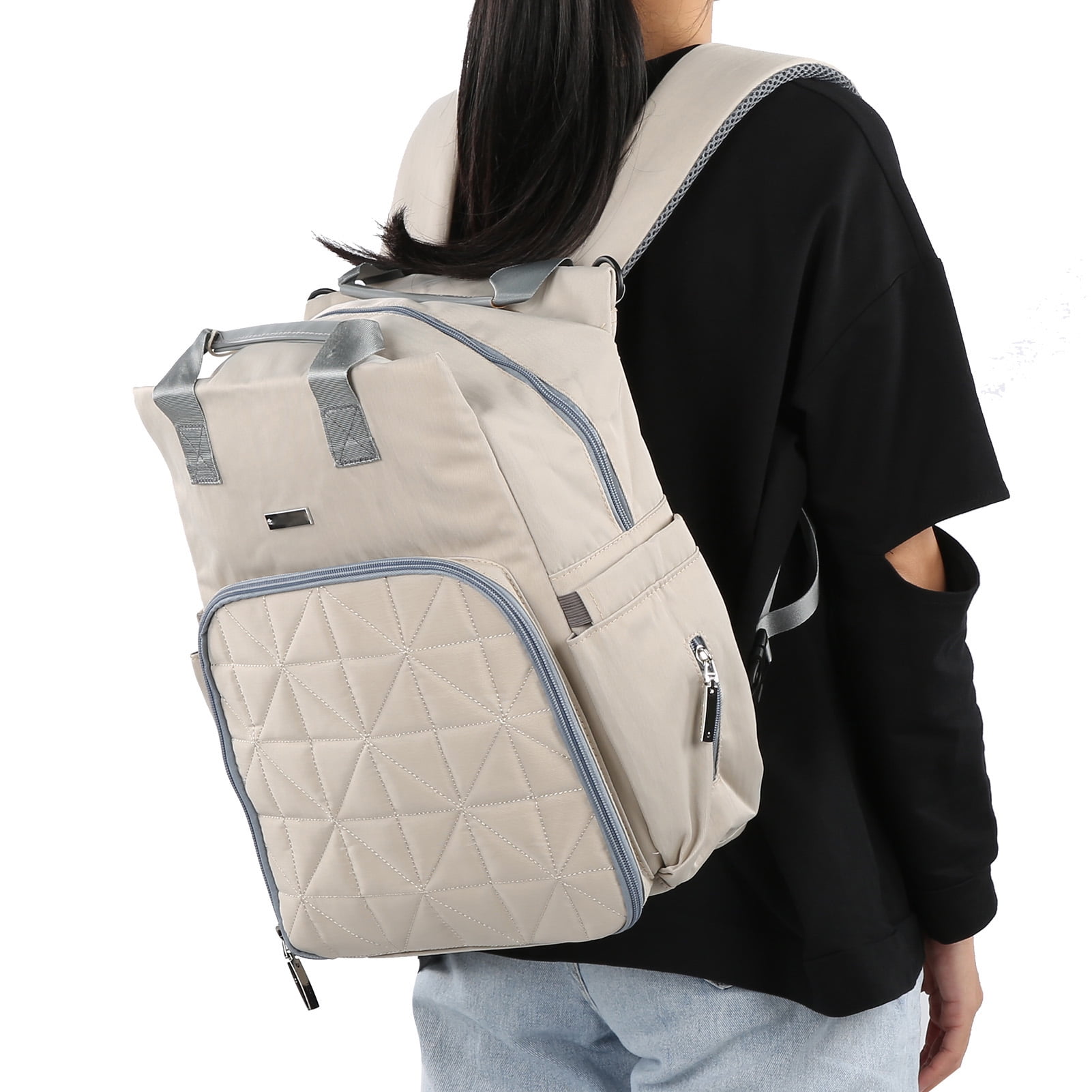 Suodoka Premium Convertible Water-Resistant Nylon Backpack Diaper Bag Set with Changing Pad and Stroller Hooks for Travel, Unisex, Beige, 11.4 x 4.7 x 14.2 in / 29 x 12 x 36 cm, 1.54 lbs / 700 g