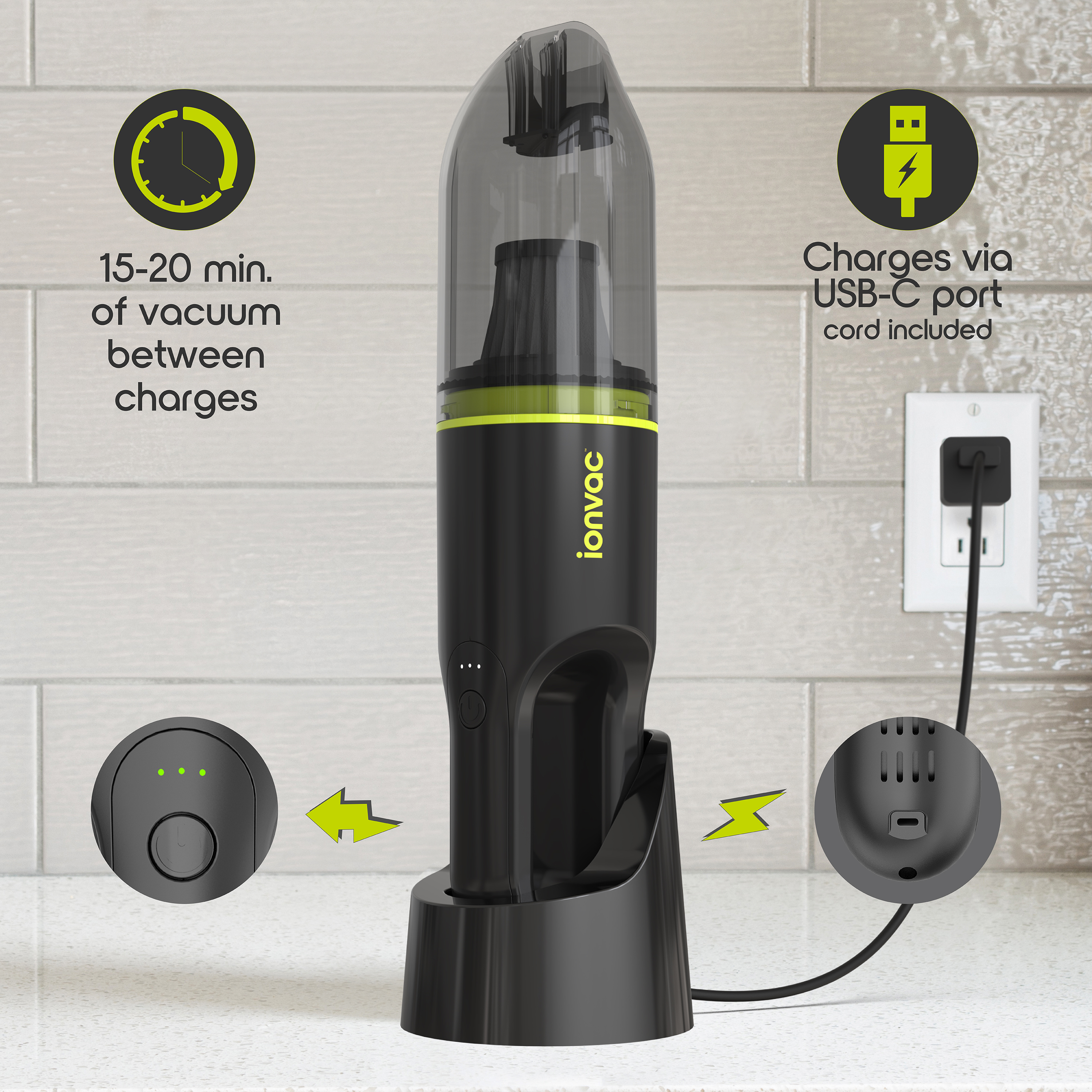 IonVac, Lightweight Handheld Cordless Vacuum Cleaner, USB Charging, Multi-Surface, New - image 5 of 13