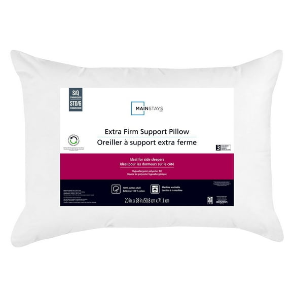 Mainstays Extra Firm Support Bed Pillow, S/Q- Cotton Cover, Side Sleeper