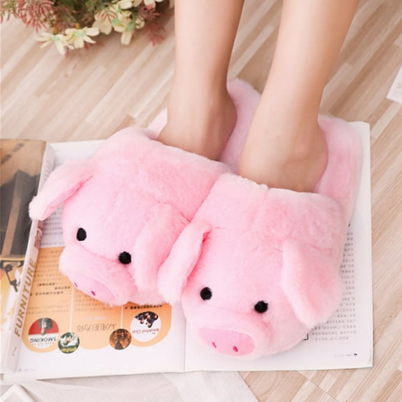 Women Winter Cute Pink Pig Animal Cartoon Plush Slippers Non-Slip Furry Shoes