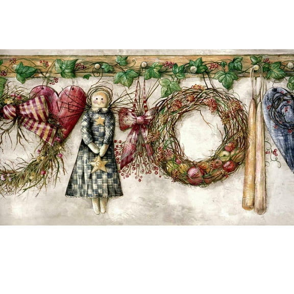 Trimz Primitive Country Angels Heart Ivy Home Wallpaper Border, Pre-pasted, 15' L x 10.25" W