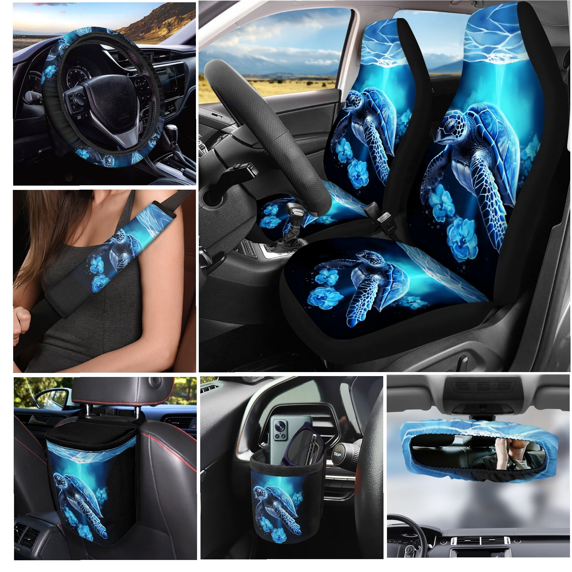 Yuyamidu Blue Sea Turtle Car Seat Cover Full Set with Steering Wheel Cover Hibiscus Seat Belt Strap Cover Trash Can Rear View Mirror Cover Cup Coasters Keychain Air Vent Storage Bag, 15 PCS