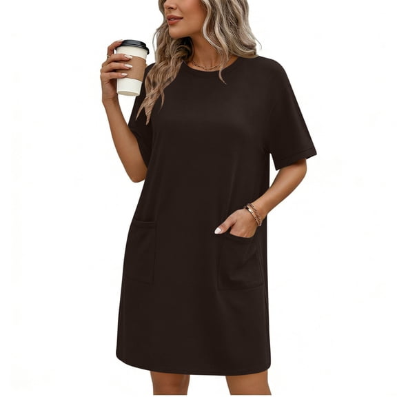 Roncen Cotton Nightgowns for Women Short Sleeve Sleep Shirts Crew Neck Night Dress Nightshirt with Pockets