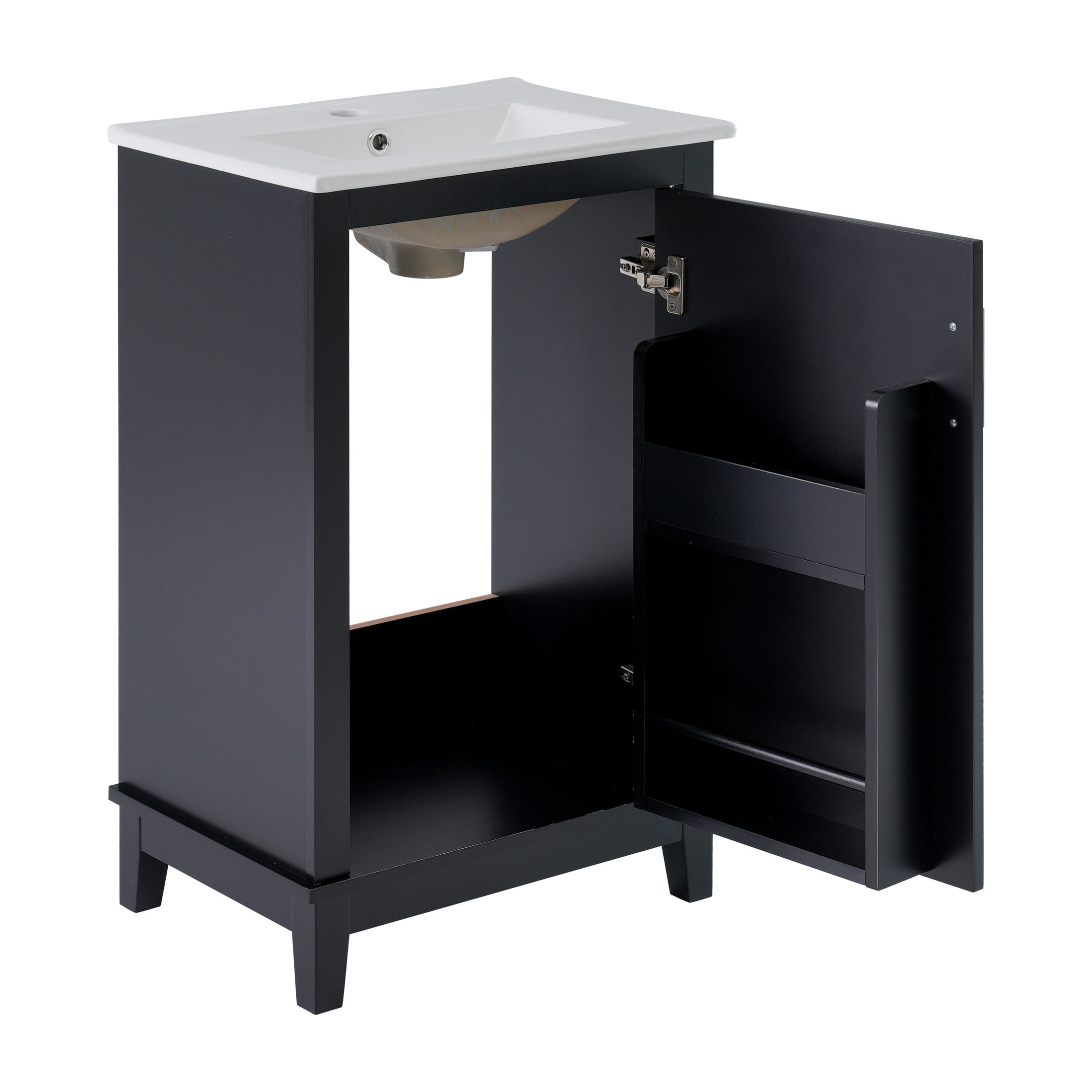 Jivora Modern Bathroom Vanity with Ceramic Sink, Storage, Shelves, Wood, Black