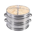 thumbnail image 2 of 8" 2 Tiers Bamboo Food Steamer Chinese Natural Dim Sum Basket Rice Pasta Cooker With Lid, 2 of 8