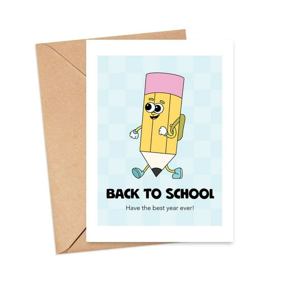 Back to School Card – Fun Pencil Character Design – Envelope Included, Blank Inside – Perfect for Students and Teachers to Celebrate a New School Year