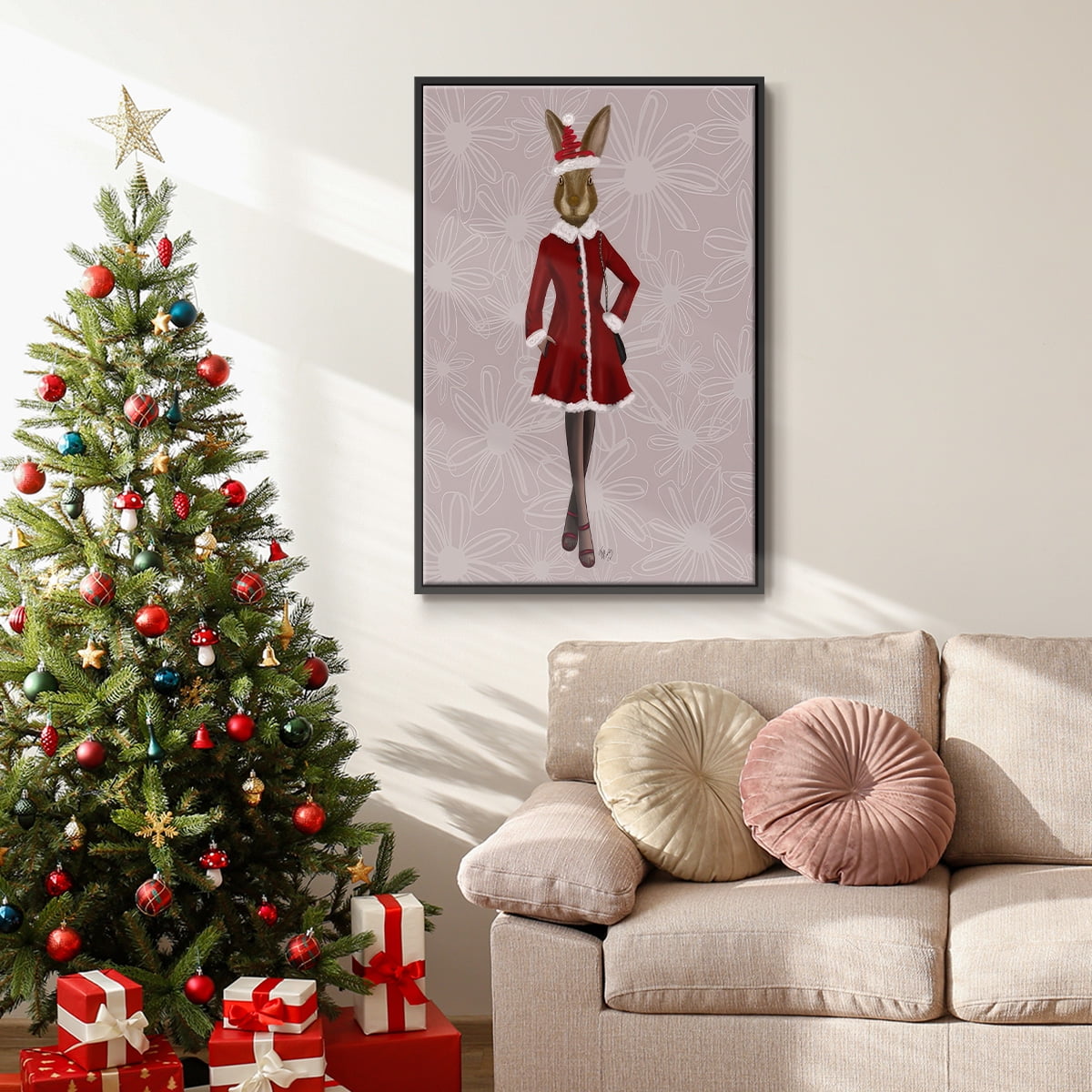 Christmas Christmas Fashion Bunny - Framed Gallery Wrapped Holiday Canvas - 25 x 37 - Black Frame