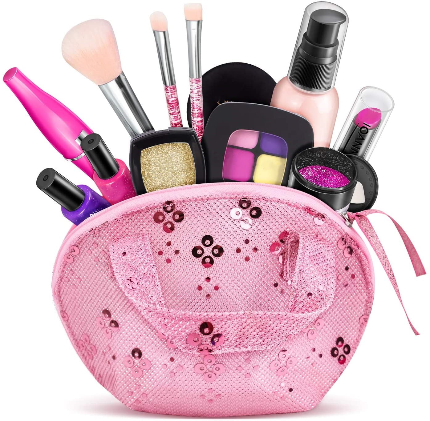 Kids Pretend Makeup Kit with Cosmetic Bag for Girls 3-10 Year Old -  Including Pink Brushes,Eye Shadows, Lipstick,Mascare,Gittler Pot, Liquid  Foundation,Nail polish bottle and More(Not Real Makeup) 