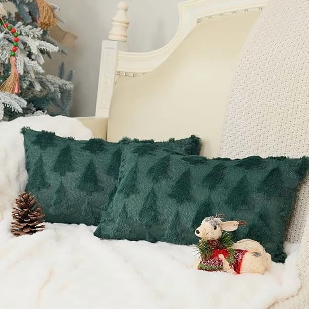 HAYAN Christmas Tree Throw Pillow Covers 12x20 Inch Set of 2, Xmas Winter Soft Plush Faux Fur Wool Decorative Farmhouse Holiday Cushion Case for Home Decoration (Green) GC003-12