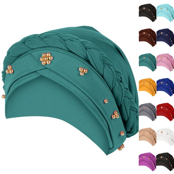 African Women Turban Cap Twisted Beaded Braid Head Wraps Pre-Tied Chemo Headscarf for Cancer Hair Cover hats Cyan One Size