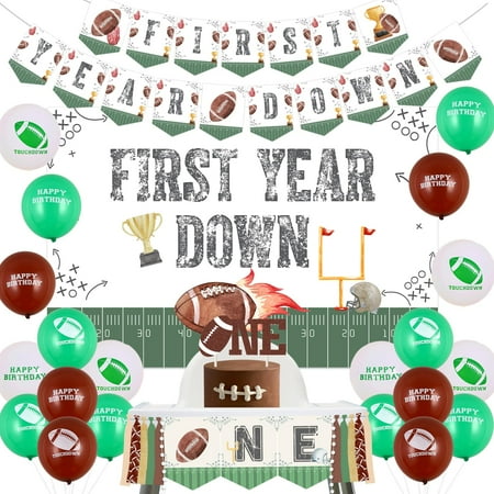 JOYMEMO Football 1st PriNst Birthday Party Decorations for Boys - Year Down Football Banner Backdrop, Football Birthday High Chair Banner Cake Topper, Sports Theme Birthday Party Supplies