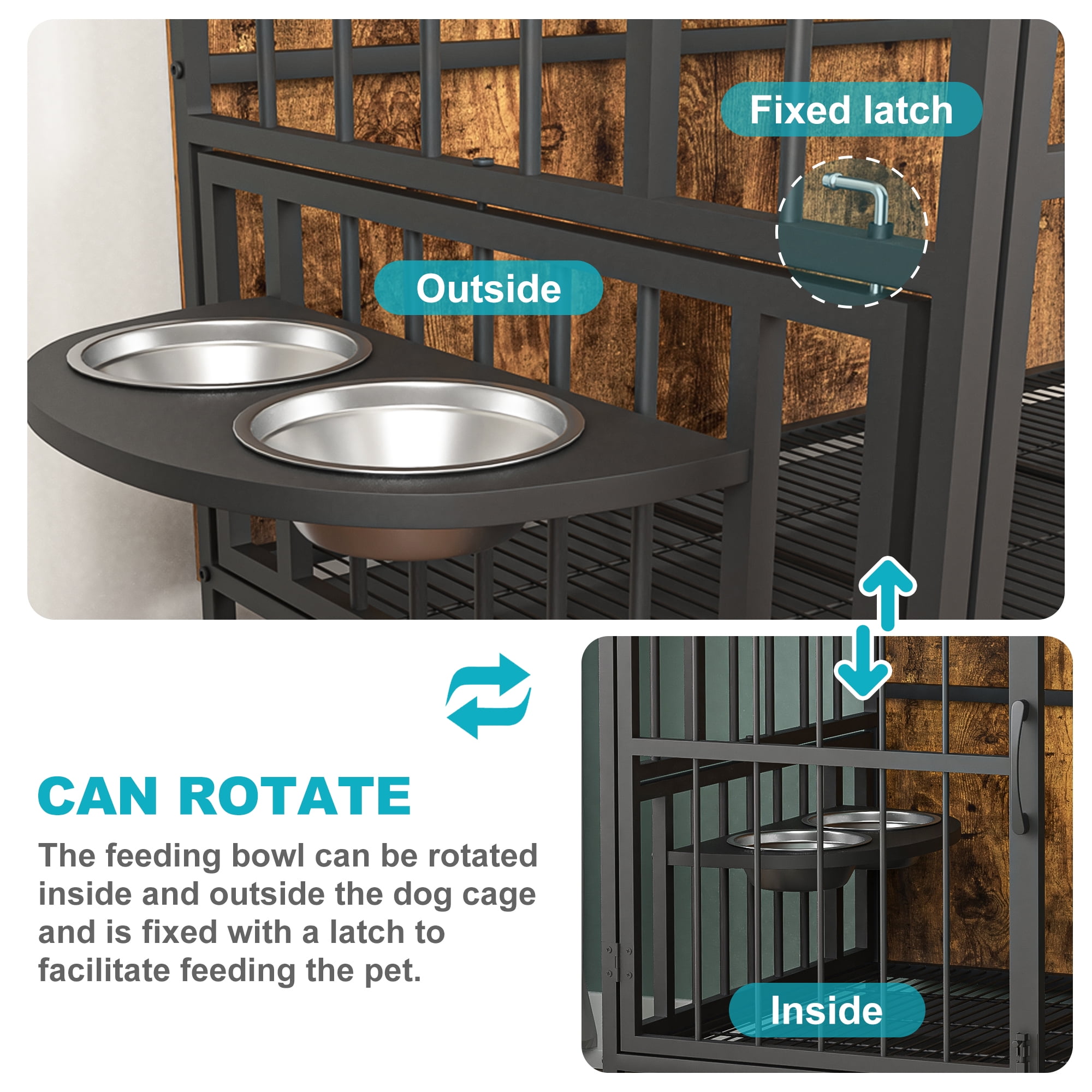 resenkos 37" Dog Crate with Feeding Bowl, Wheels, Flip-Up Top Opening Kennel with Trays, Furniture Style Dog Cage for Indoor Dogs, Brown
