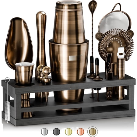 Mixology Bartender Kit Bar Set | 16-piece Cocktail Shaker Martini Barware Mixing Tools For Home Bartending Incl. 35 Recipe Cards Gift (28oz Brass/black)