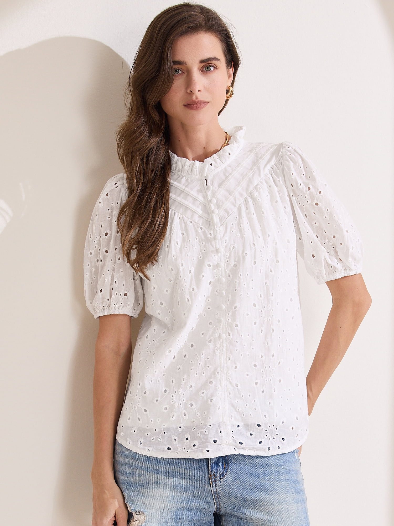 DARING DIVA Women's Crochet Hollow Out Ruffle Neck Peasant Blouse M White