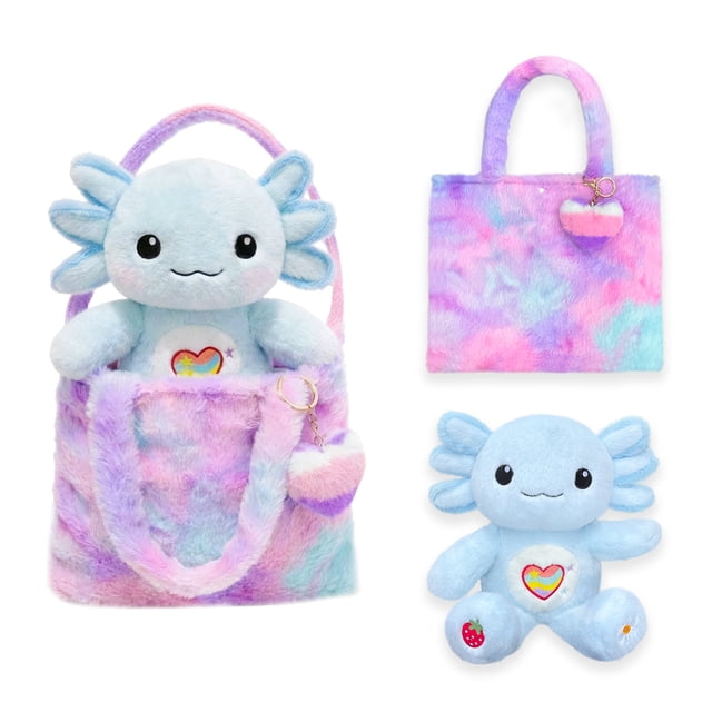 Peluche de Ajolote 13 in con Bolsa de Peluche 13.2 x 11.4 in y Llavero Corazón, Set de Regalo para Escuela, Viaje y Decoración de Habitación, Ideal para Cumpleaños y Celebraciones