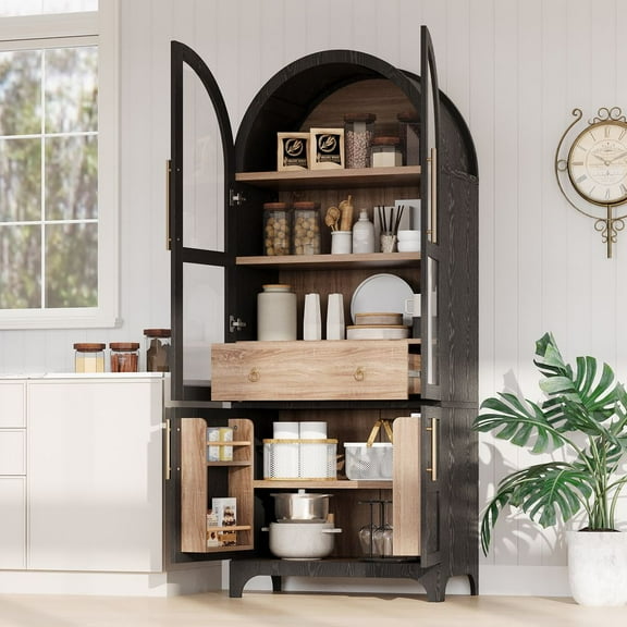 LUMAMIN Arched Pantry Cabinet, 71" Farmhouse Kitchen Pantry Storage Cabinet with Door Shelves, Adjustable Shelves, Hidden Drawer & Glass Door, Black
