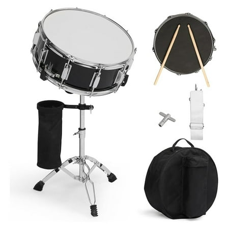 14 x 5.5 inches Snare Drum Set, Marching Snare Drum Kit for Students Beginners, Comes with Stand Sticks, Key, Bag, Mute Pad and Adjustable Straps (Black)
