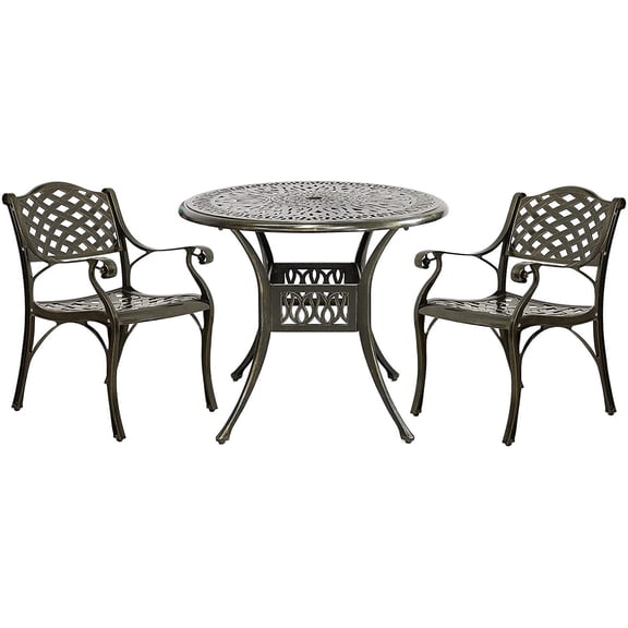 MEETWARM 3 Piece Patio Bistro Set, Outdoor All-Weather Cast Aluminum Dining Furniture Set Includes 2 Chairs and a 35.4" Round Table with Umbrella Hole for Garden Deck
