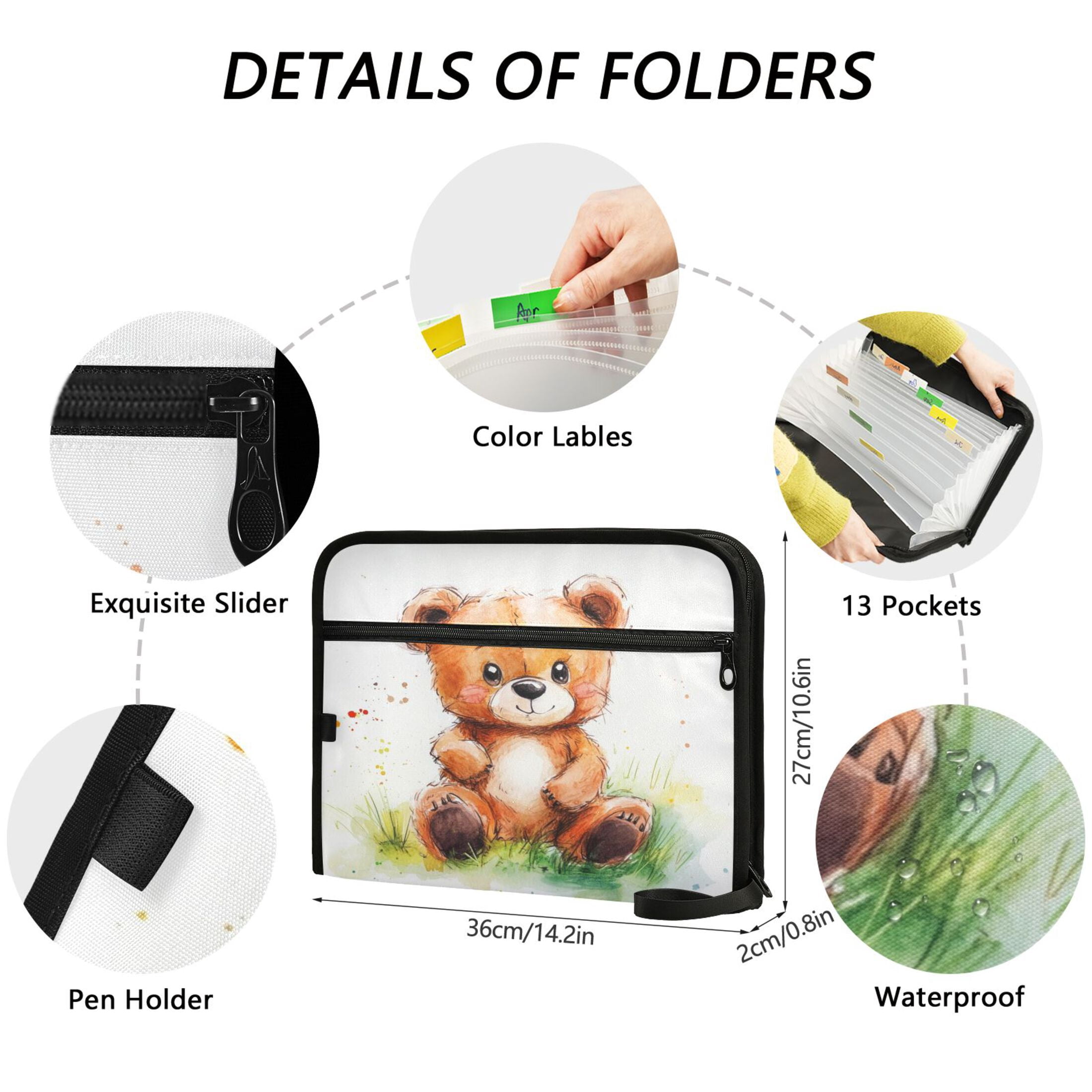 Organ Folder 14.2 x 0.8 x 10.6 Inches 13 Separate Pockets A4 Size Documents Folder A Sort Storage File Manager For The Home Office Cartoon Watercolor Bear