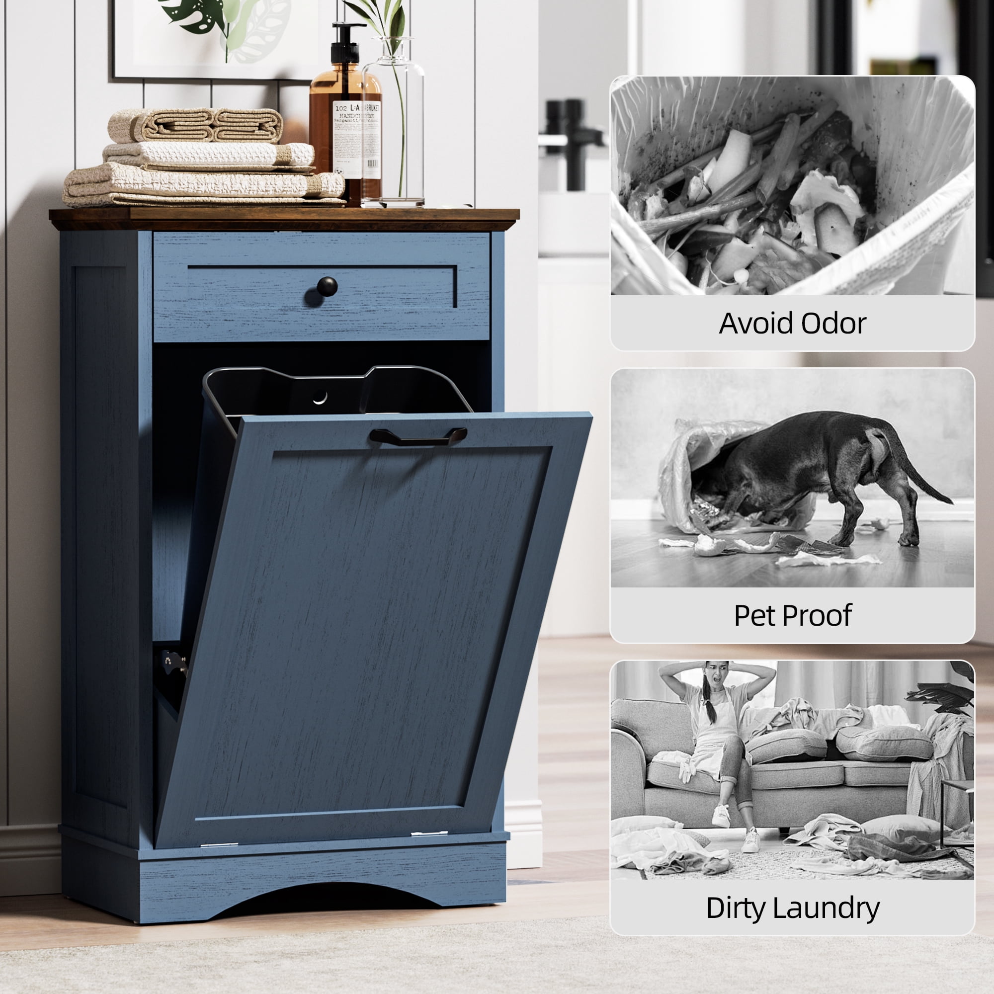 AHB 13 Gallon Tilt Out Kitchen Trash Cabinet with Drawer, Single Trash Can Storage Organizer, 20.9"L x 13.55"W x 38.5"H , Blue