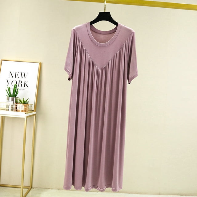 Xysaqa Chemises de Nuit pour Femmes Vêtements de Nuit Doux Robe de Nuit Plissée devant Chemise de Nuit Décontractée Ample Manches Courtes Robes de Maison pour Femmes Économies d'Été Violet