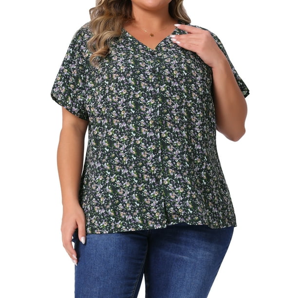 Blusas de talla grande para mujeres Agnes Orinda para el Día de la Madre, camisas de botones florales, tops de cuello en V, blusas de manga con volantes, top casual 2X negro y púrpura
