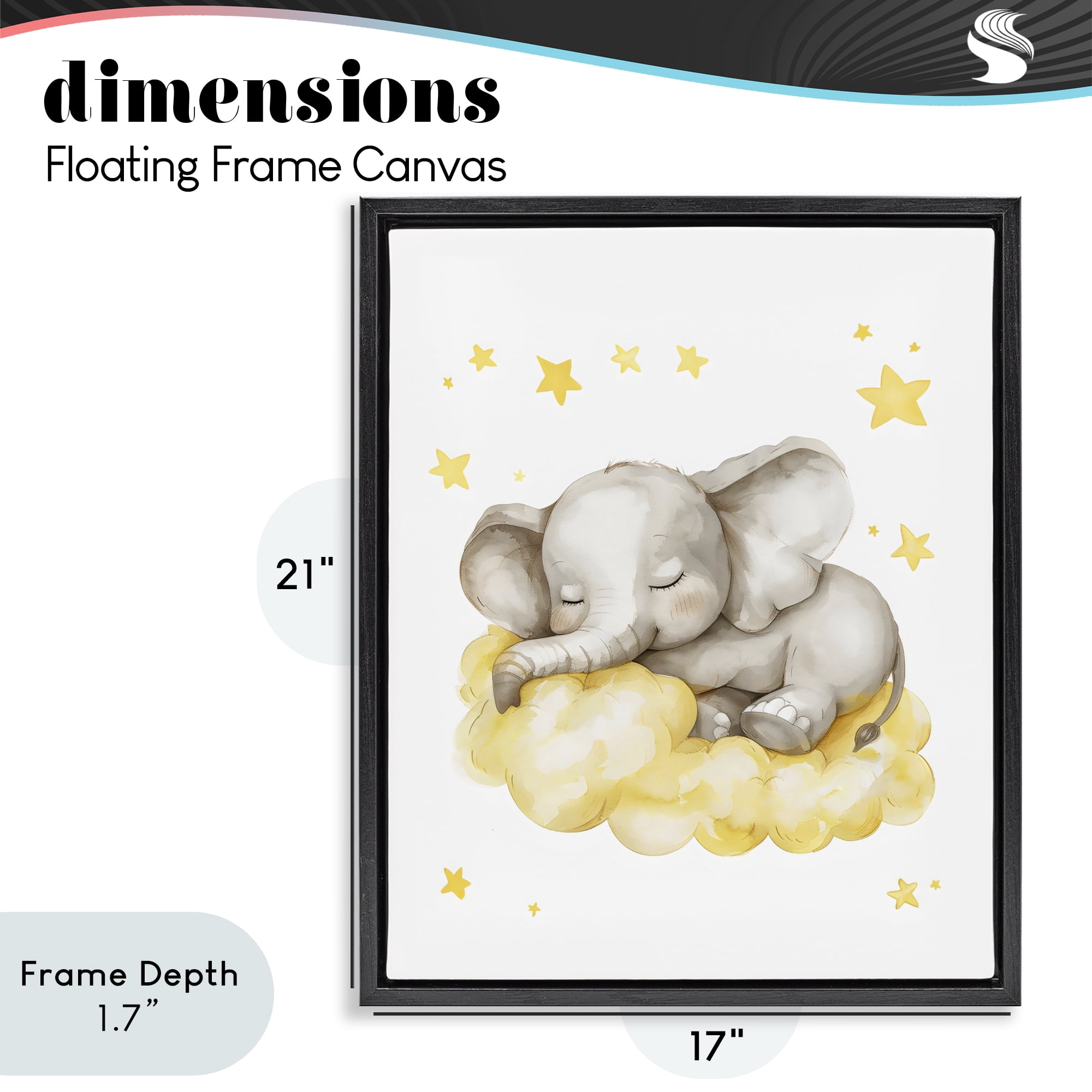 Stupell Industries Sleeping Elephant on Yellow Cloud Black Framed Floater Canvas Wall Art, design by LSR Design Studio