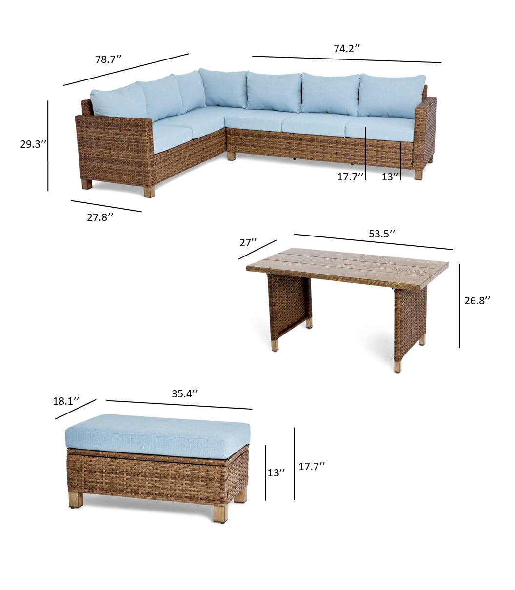 Better Homes & Gardens Brookbury 4-Piece Outdoor Wicker Patio Sectional Dining Set, Blue Cushions