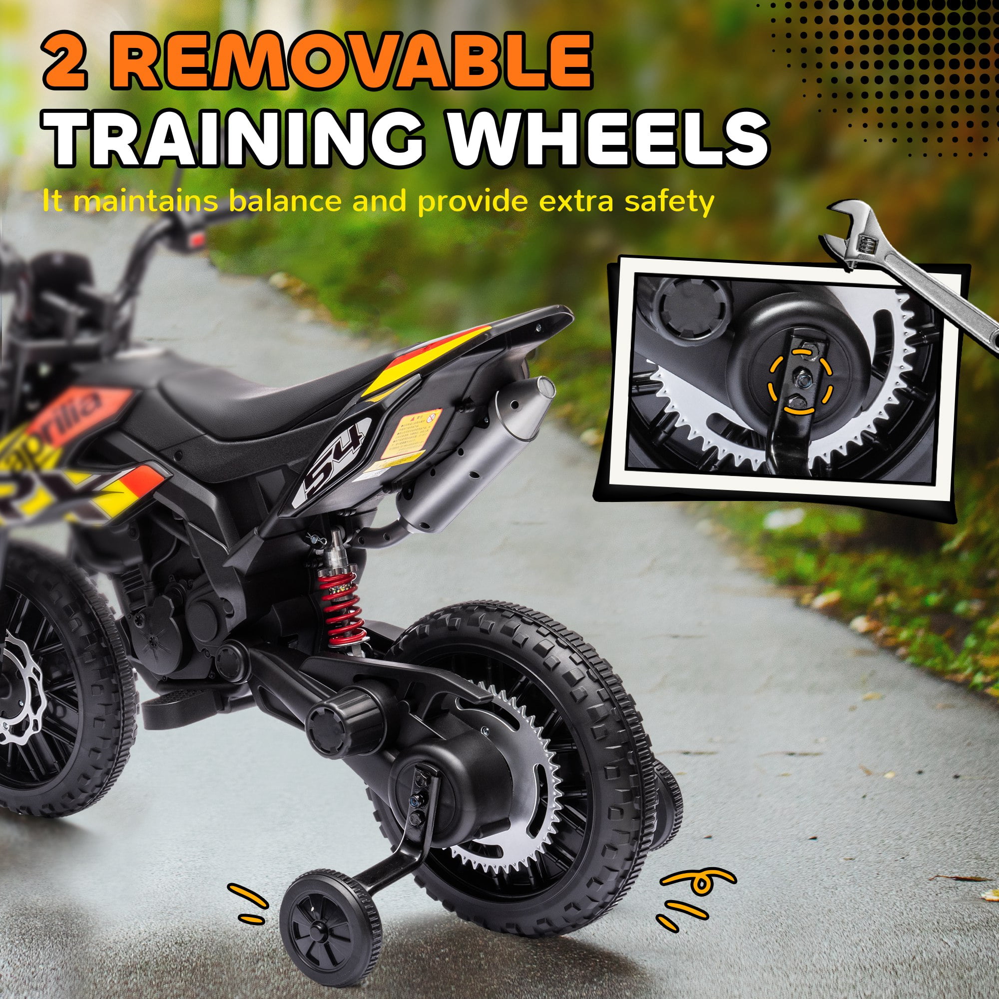 Riding Toys Qaba 12V Motorcycle, Aprilia Licenced Electric Motorcycle for with Training Wheels, Spring Suspension, LED Light, USB, Music, Battery Powered Electric Dirt Bike for Gi