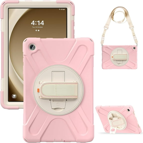 KOMI Case for Samsung Galaxy Tab A9 Plus 11" 2023 X210 X216 X218, Heavy Duty Shockproof Rugged 3 Layer Kids Durable Case with 360 Swivel Kickstand, Shoulder Strap & Hand Strap Rose Gold