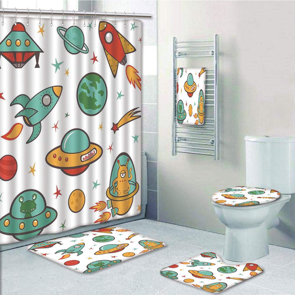 Cute Little Owl Blue Shower Curtain Bath Mat Toilet Cover Rug Bathroom Decor Set 
