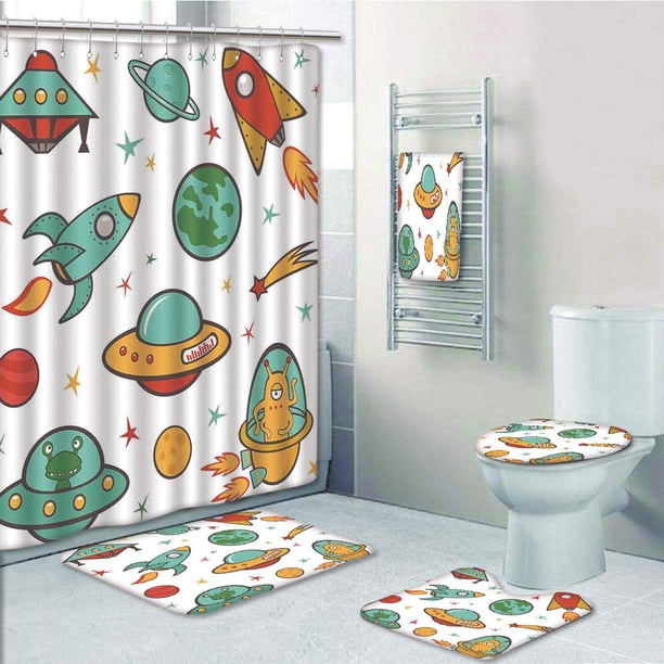 Prtau Kids Room Outer Space Rocket Space Ship Ufo Stars Planets Alien Earth Saturn Galaxy 5 Piece Bathroom Set Shower Curtain Bath Towel Bath Rug Contour Mat And Toilet Lid Cover