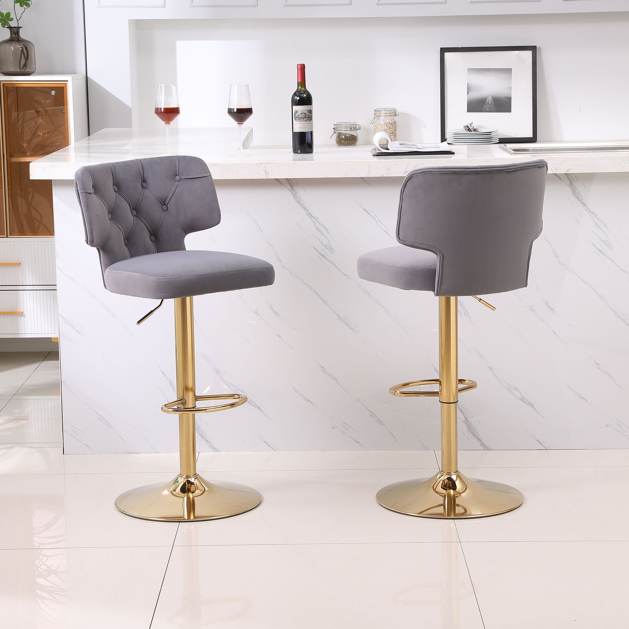 Kadyn Set of 2 Adjustable Swivel Bar Stools Chair with Back& Footrest for Home, Grey Kadyn Set of 2 Adjustable Swivel Bar Stools Chair with Back& Footrest for Home, Grey