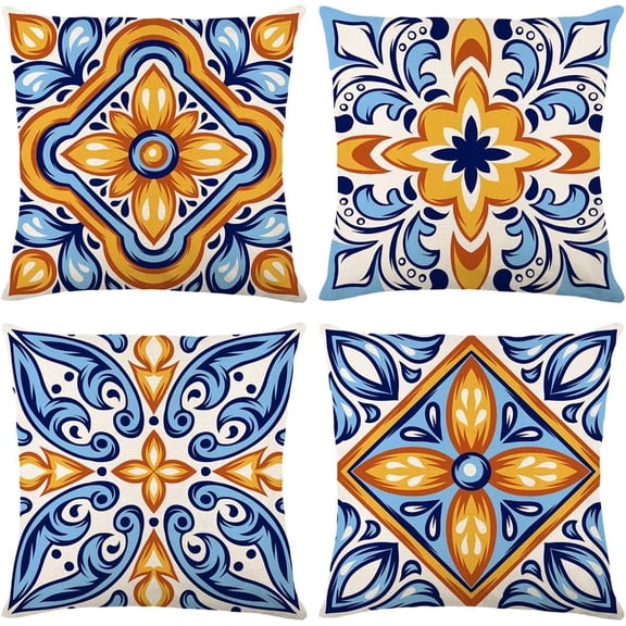 Decorative Pillow Covers 16x16 Inch Blue Outdoor Fall Throw Pillow Covers Set of 4 Modern Linen Boho Pillow Cases for Couch Bedroom Sofa Car Living Room Bed Farmhouse Patio Furniture