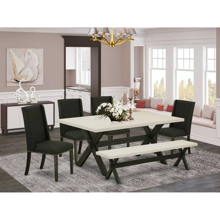 East West Furniture 6-Piece -Black Linen Fabric Seat and High Stylish Chair Back Kitchen chairs A Rectangular Bench and Rectangular Top Wood Dining Table with Hardwood Legs – Linen White and Wire…