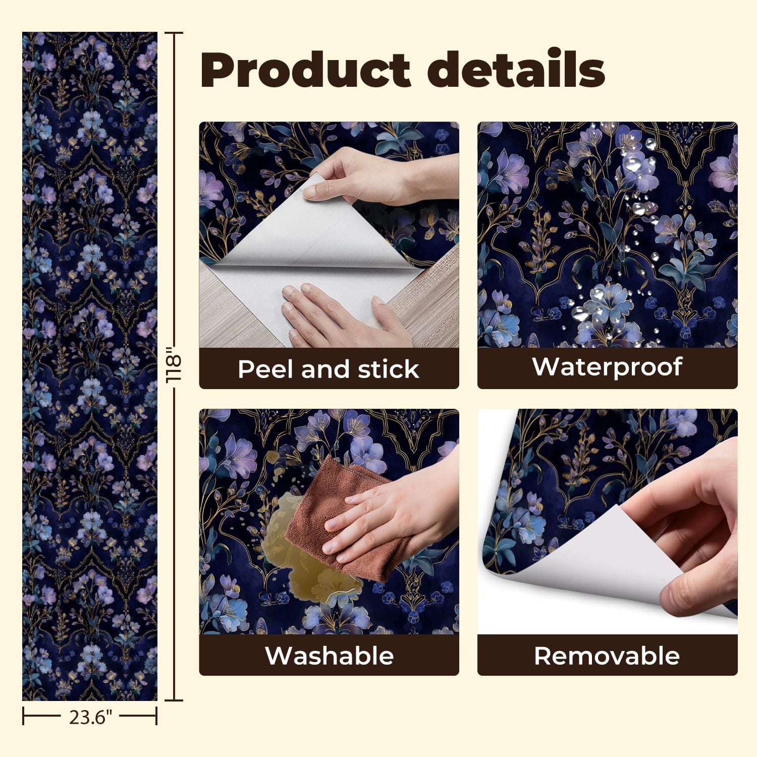 Boho Peel and Stick Wallpaper Elegant Blue Purple Floral Gold Accents Dark Wall Mural 23.6in x 9.8ft Self Adhesive Removable Wall Paper Renter Friendly Wallpaper for Nursery Bedroom Cabinets