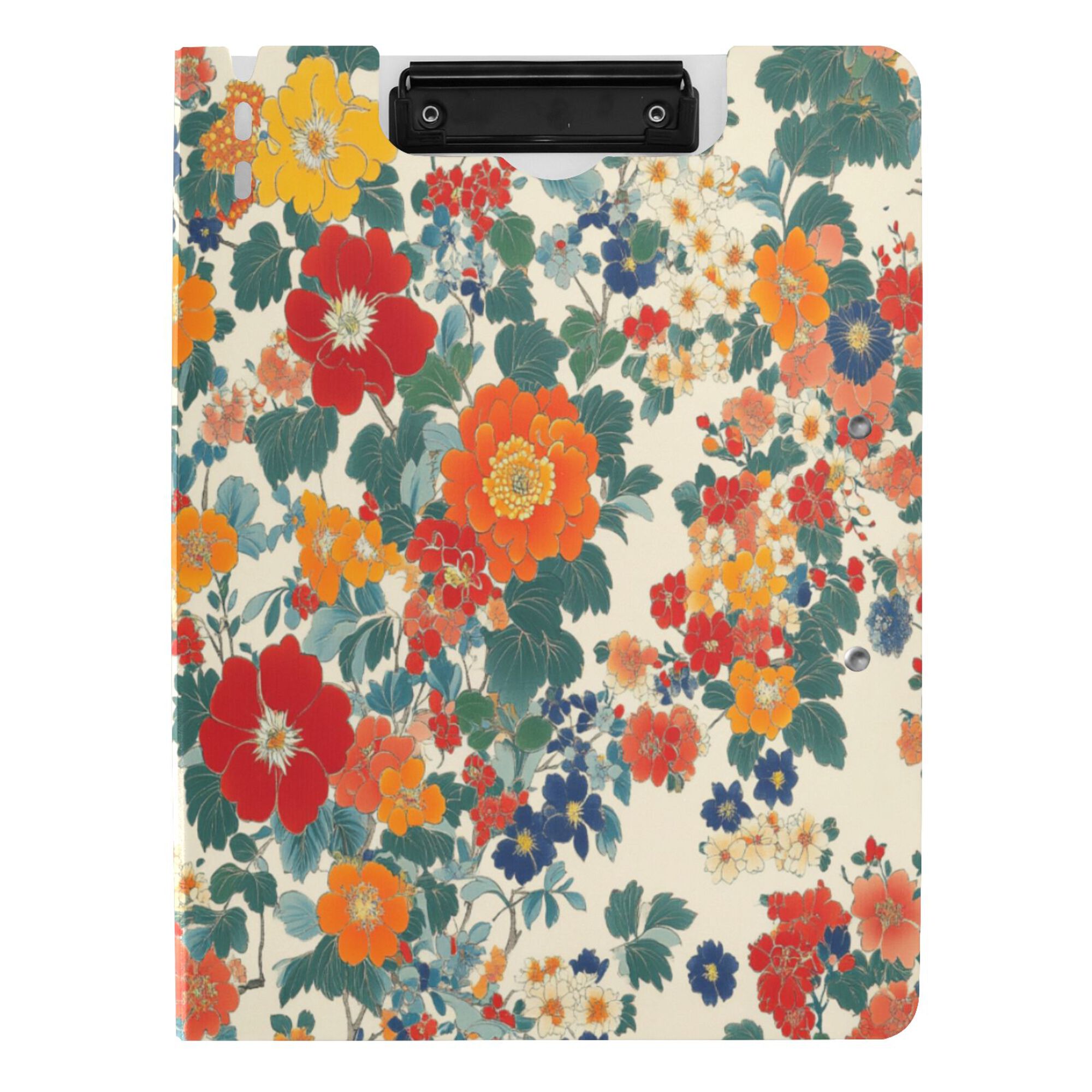 FORMRS A4 Clipboard Folder with Pen Holder Horizontal Foldable School Office Binder, Orange Japanese Flowers Pattern