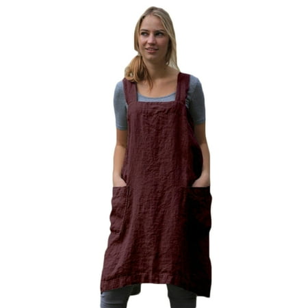 

Vintage Cottage Home Garden Vintage Pleated Split Apron Pinafore Dress With Two Pockets M Burgundy