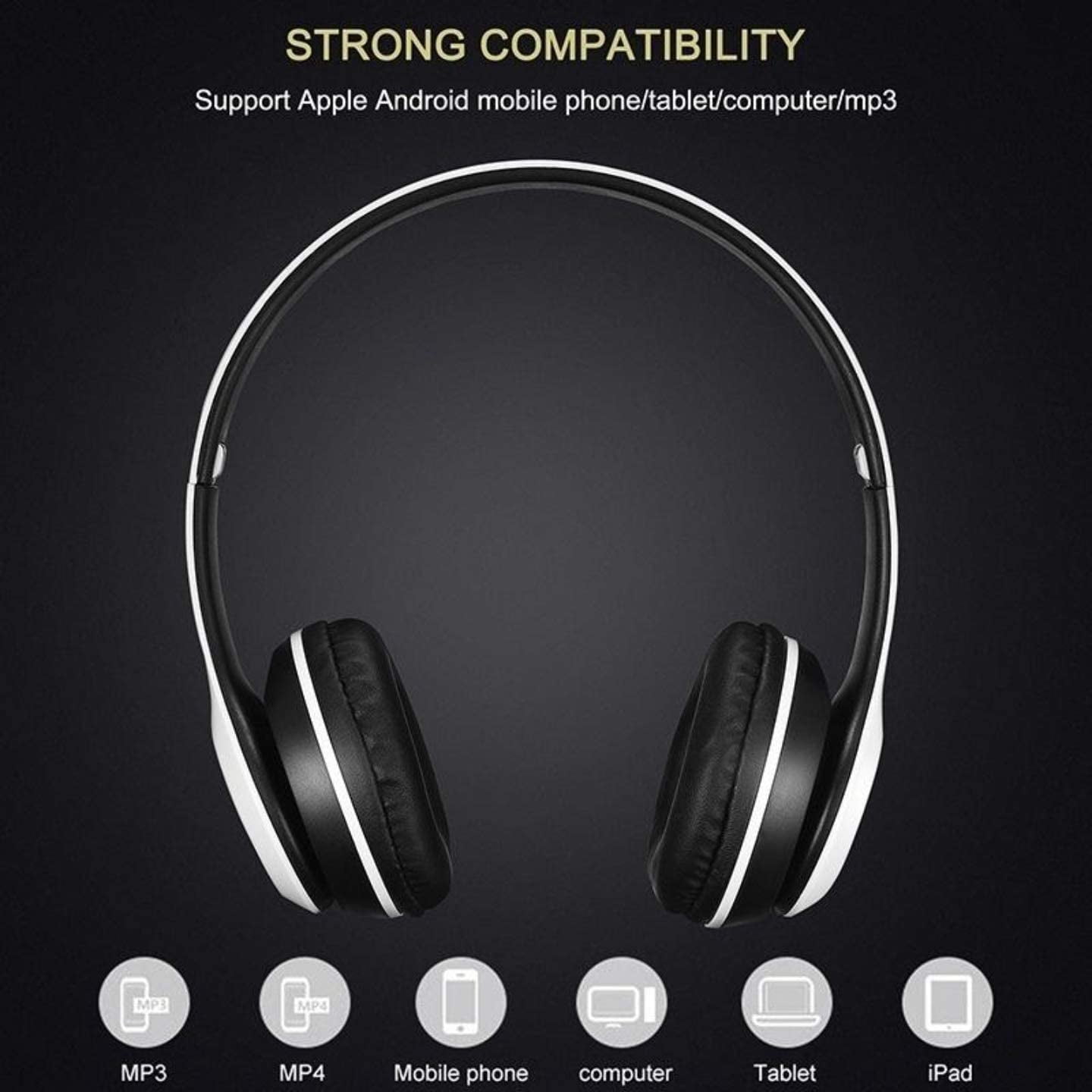 Wireless Headphones, P47 Bluetooth Over Ear Foldable Headset with Microphone Stereo Earphones Support FM Radio TF for PC TV Smart Phones-Black